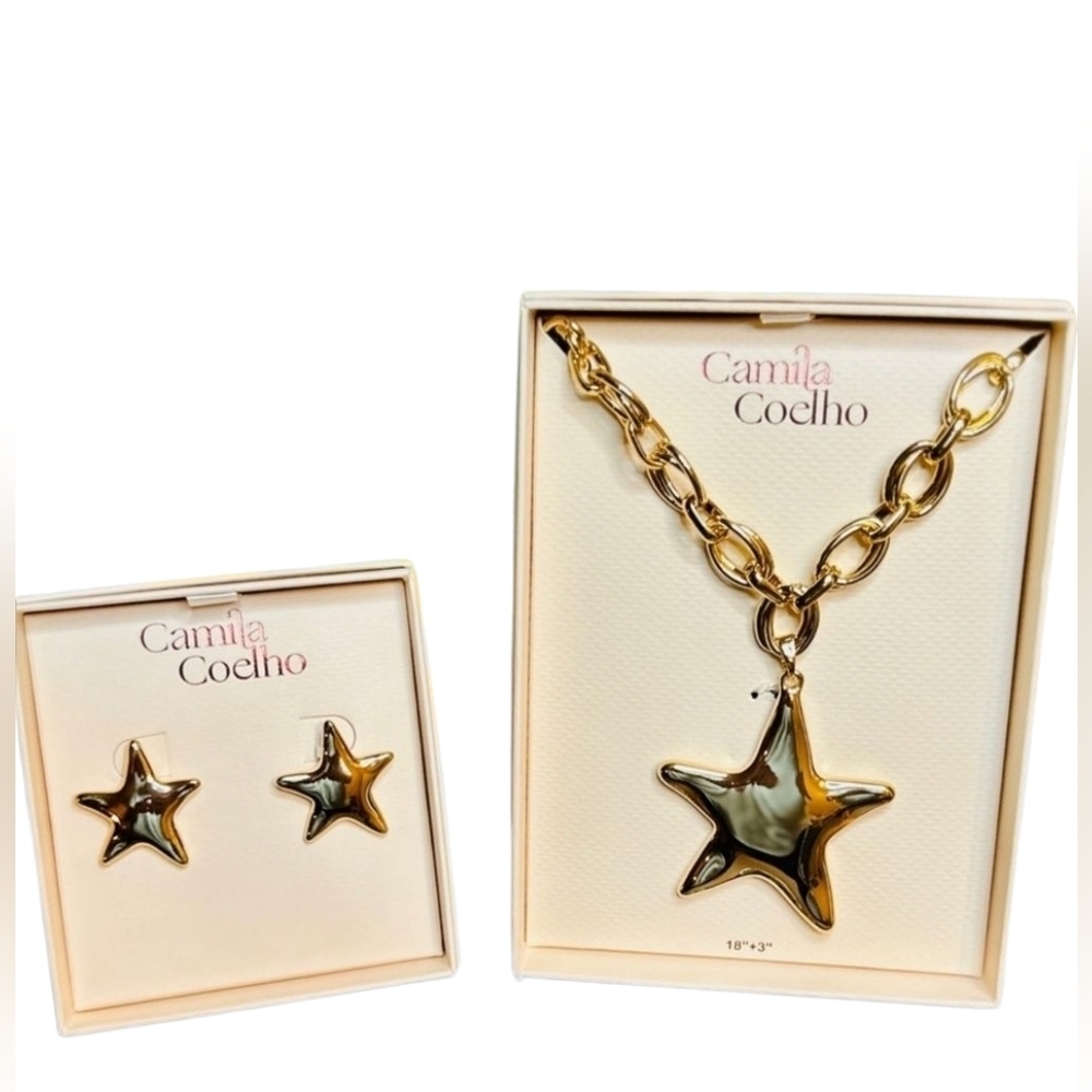 💛▪️Camila Coelho ▪️ Gold Tone Star Earrings And Star Pendant Necklace Bundle